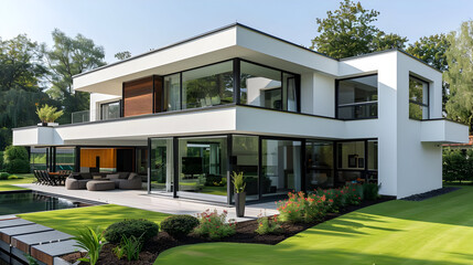Modern White House with Large Windows and Pool Photo
