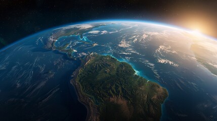 Earth from space with sunrise over South America