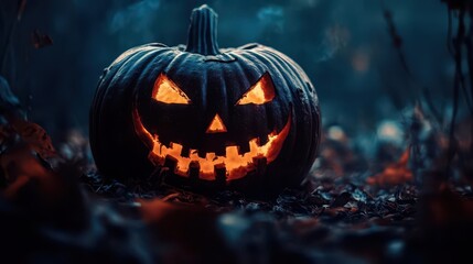 Naklejka premium Halloween jack-o'-lantern, vibrant colors, spooky scenes, close-up, inviting