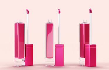 3d set of red lip gloss, liquid lipstick tube mockup front and side view. Makeup cosmetic beauty product template, open transparent bottle isolated on background Realistic render icon. 3D illustration