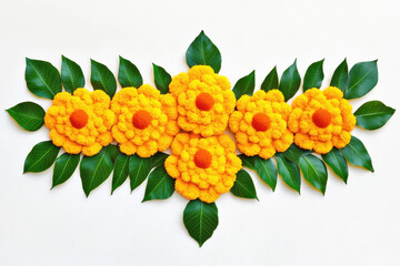 Obraz premium marigold flowers and mango leaves rangoli designs on white background
