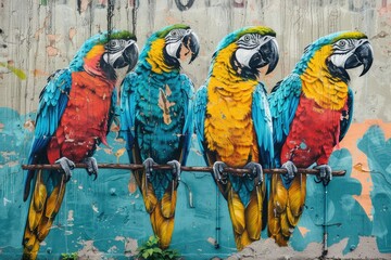 Graffiti art - big c olor parrots painted on the wall