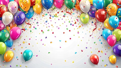 Balloons and confetti border. Birthday or white background.