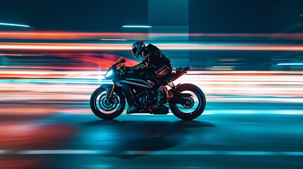 Fototapeta premium Motorcyclist Riding Fast at Night in the City