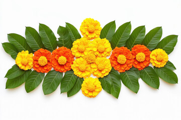 Obraz premium marigold flowers and mango leaves rangoli designs on white background