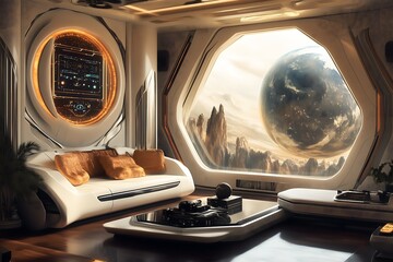 Fototapeta premium A futuristic and technologically advanced living room overlooking a foreign and unknown planet