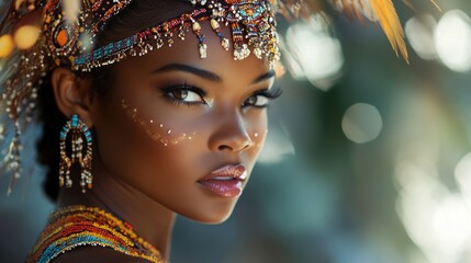 Tribal Woman in Intricate Beaded Attire and Headpiece with Diverse Skin Tones, Half-Body View