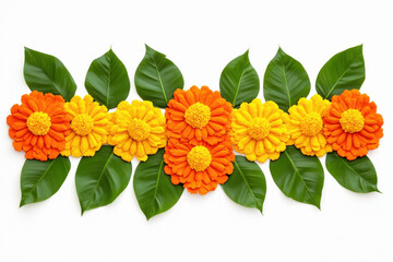 Obraz premium marigold flowers and mango leaves rangoli designs on white background