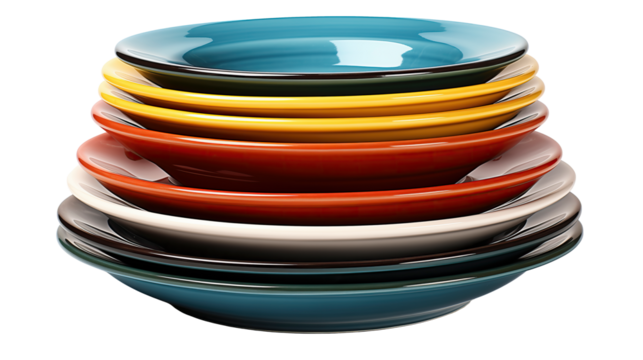 Stacked Colored Ceramic Plates on White Background