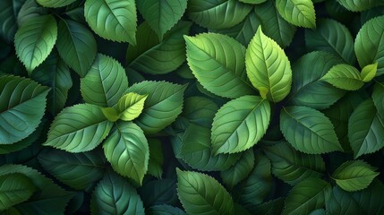 Lush Green Leaves Varying in Texture and Shade Over a Dark Background