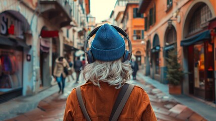 Obraz premium Young woman listening music with headphones walking in city center