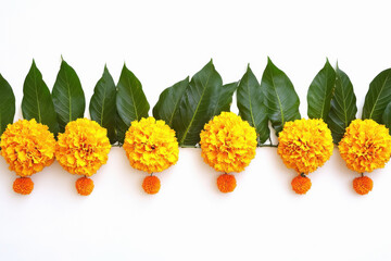 marigold flowers and mango leaves toran designs on white background