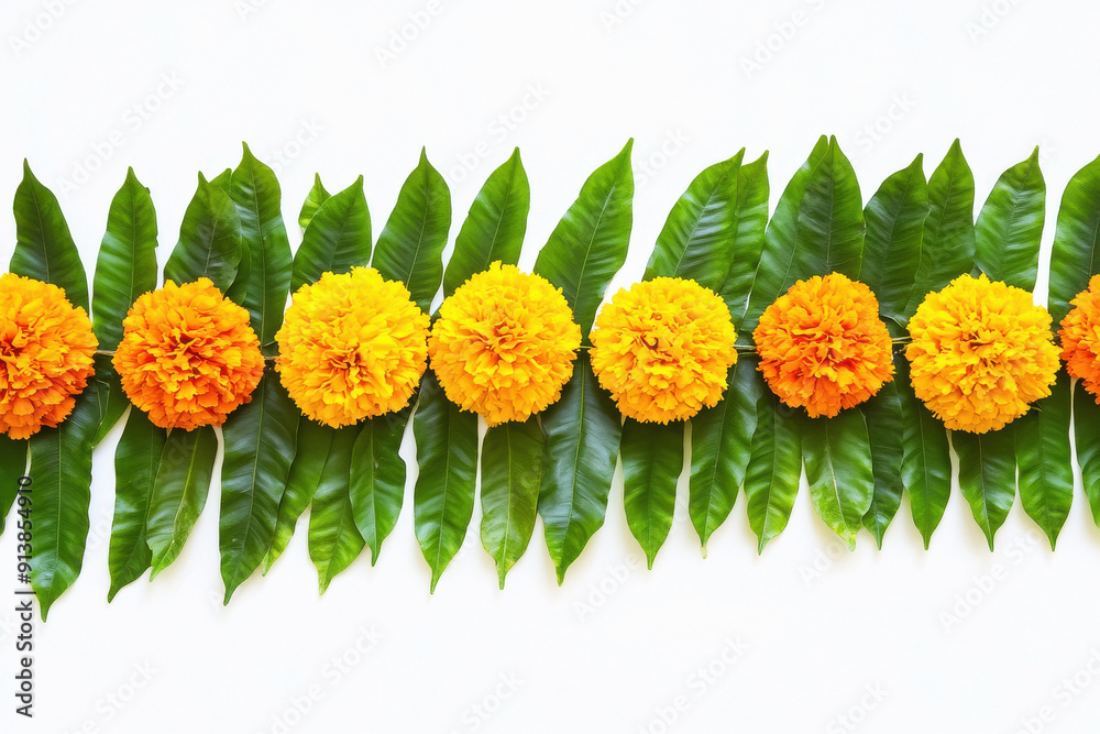 Wall mural marigold flowers and mango leaves toran designs on white background