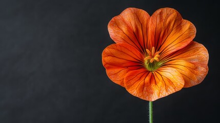  A flower's close-up with water-droplet-dotted petals against a black backdrop, featuring its stem