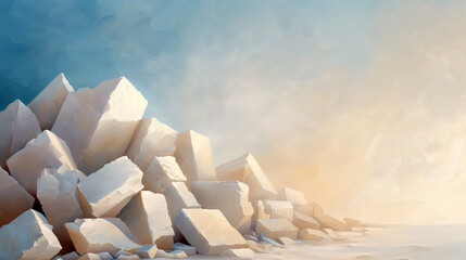 Illustration of large stone rubble, representing the fallen walls of Jericho, against a gradient sky transitioning from blue to a soft golden hue.