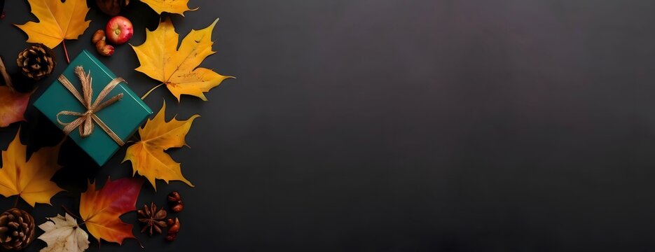 luxurious golden gift box and  fall maple leaves on black background. autumn panoramic festive banner with empty copy space for text. Black Friday advertising mock up