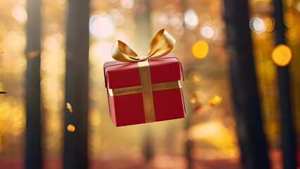 red gift box with gold ribbon hovered in air against background of blurred autumn forest. Halloween and Black Friday sale Concept
