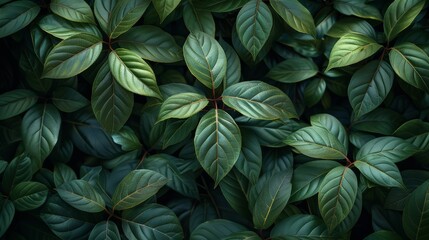Fototapeta premium Lush Green Leaves Filling The Frame In A Dense Forest During Golden Hour