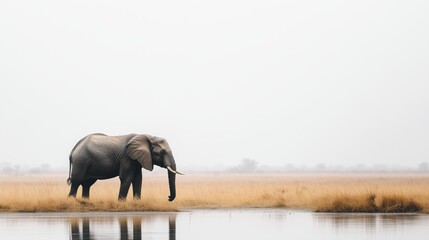 Obraz premium Majestic Elephant Crossing Shallow Water In Foggy Grassland Captured In Minimalist Composition Emphasizing Scale And Stillness