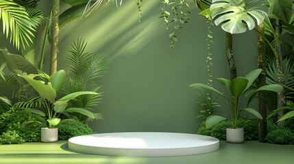 Green podium with tropical leaves and plants, 3d render, Empty stage for product presentation,Product Presentation Concept Featuring a Natural Stone Podium on a Green Background,