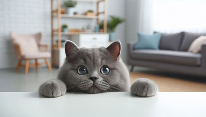 British Shorthair trying to climb up to table