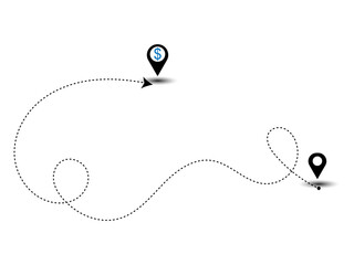 Fototapeta premium Geolocation with dollar currency symbols dashed line arrow route path location pin with winding vector.
