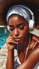 Naklejka premium A woman by the pool is listening to music