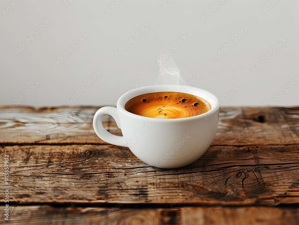 Poster Freshly Brewed Espresso on Rustic Wooden Table with Aromatic Steam and Copy Space