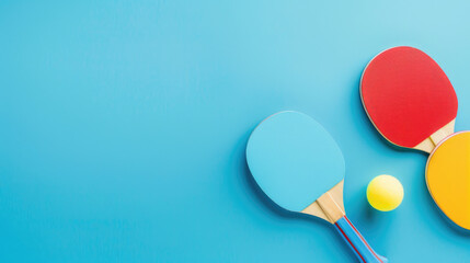 Table Tennis Trio: A dynamic composition showcasing colorful paddles and ball against a vibrant blue backdrop, ideal for sports, leisure, and recreational themes.