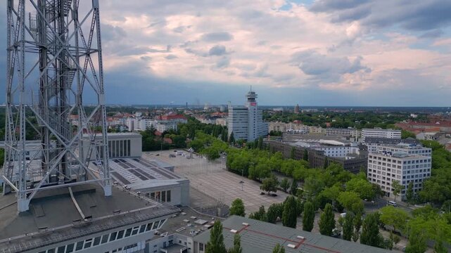 Berlin skyline, radio tower, exhibition grounds. Nice aerial view flight drone