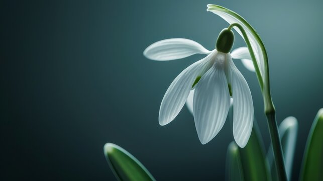 A white flower on a green stem against a blue background Alternatively, a tight shot of a white bloom atop a verdant stem contrasted by a black backdrop