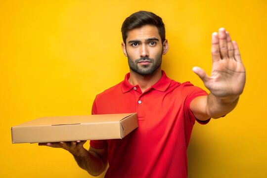 Young handsome hispanic man holding delivery pizza box with open hand doing stop sign with serious and confident expression, defense gesture
