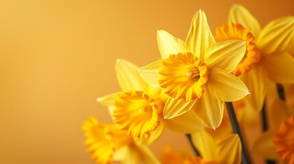 Obraz premium A vase filled with yellow daffodils sits atop a table against a yellow wall backdrop