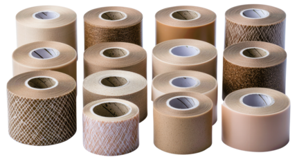 Collection of various rolls of decorative tape in natural colors, ideal for crafting and DIY projects.