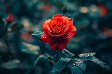 A single red rose with water droplets on it