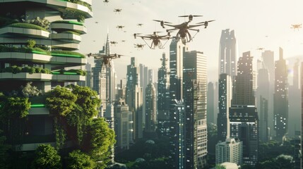 Obraz premium A futuristic cityscape with green spaces on skyscrapers and numerous drones flying in the sky, showcasing a harmonious blend of technology and nature.
