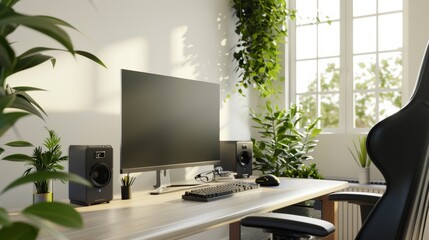 Fototapeta premium A sunlit modern home office featuring a sleek computer setup, surrounded by lush green plants and large windows, evoking a sense of productivity and freshness.