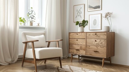 Fototapeta premium A cozy, minimalist living room with a mid-century modern chair, wooden dresser, houseplants, and framed artwork, bathed in natural light.