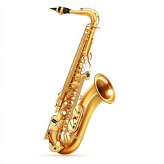 Shiny Realistic Saxophone in Polished Brass Isolated on White Background