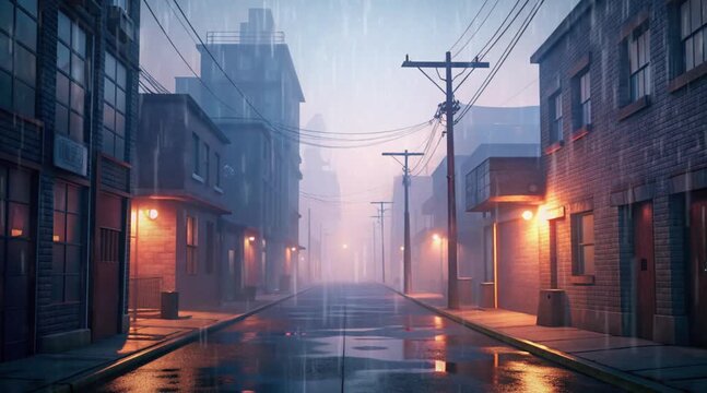 Foggy Urban Street at Dawn with Rain, Empty and Mysterious Atmosphere