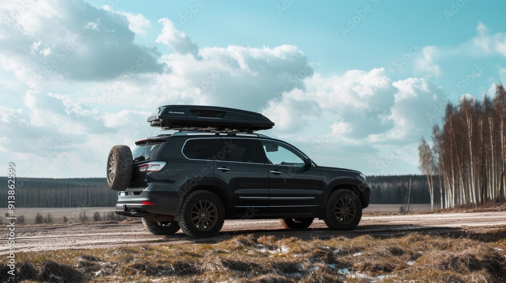 Poster an suv with a roof rack is parked on a dirt road under a bright blue sky with scattered clouds, read