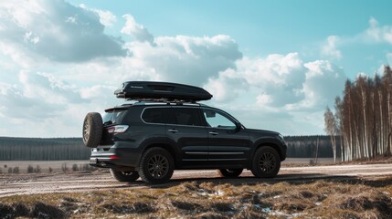 An SUV with a roof rack is parked on a dirt road under a bright blue sky with scattered clouds, ready for an outdoor adventure amid a natural landscape.