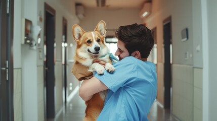 A joyful man in scrubs holds a happy corgi close in a bright veterinary clinic hallway, highlighting a moment of affection and care.