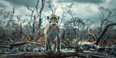 A monkey stares intently through a dense forest, its dark eyes piercing through the branches and leaves,