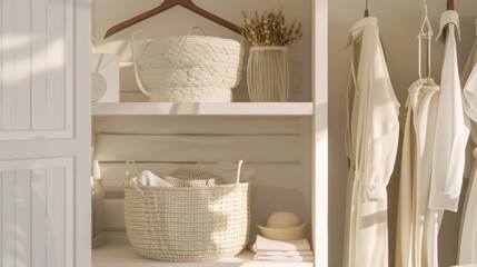 A minimalist, well-organized closet space exudes tranquility and simplicity, with woven baskets, neutral-toned fabrics, and soft diffused light.
