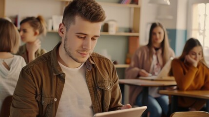 A man engrossed in reading on his tablet in a cozy, lively study environment, with other people engaged in background activities.