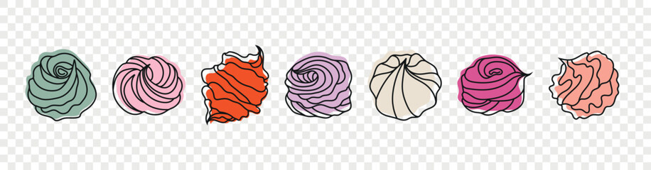 Vector set of silhouette meringues and creams isolated from background. Collection of colorful  zephyrs on white background. Sweet marshmallow for bbq, cooking,for recipes, stickers.