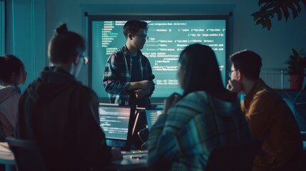 A person stands at the front of a dimly lit room, presenting code on a projector screen to an attentive group focused on their laptops.