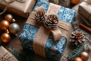 Close up of beautifully wrapped Christmas gifts adorned with festive bows, surrounded by holiday decorations and ornaments, gift boxes evoking feelings of warmth and holiday cheer