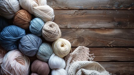 A collection of colorful yarn balls, neatly arranged on a rustic wooden surface, ideal for knitting and crochet projects.